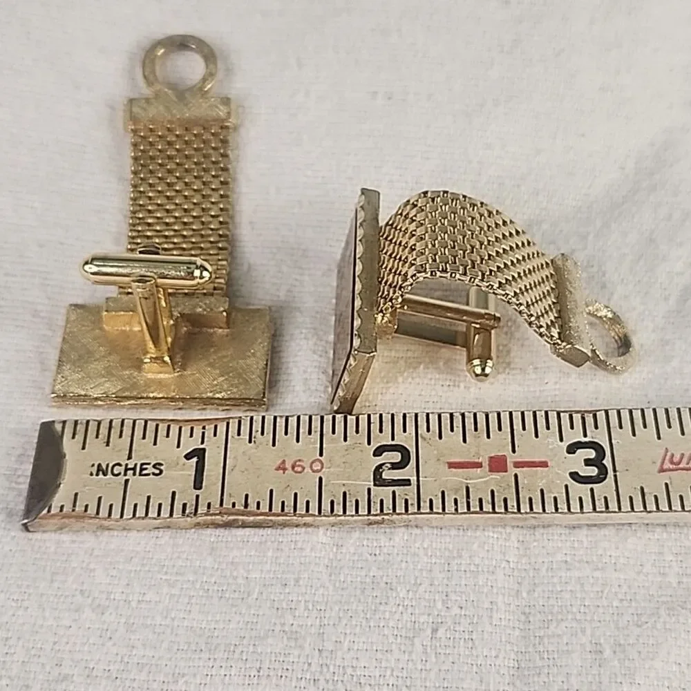 Cufflinks Dante Gold Tone Mesh Strap Flaming Mirror Mens Jewelry RARE Vintage